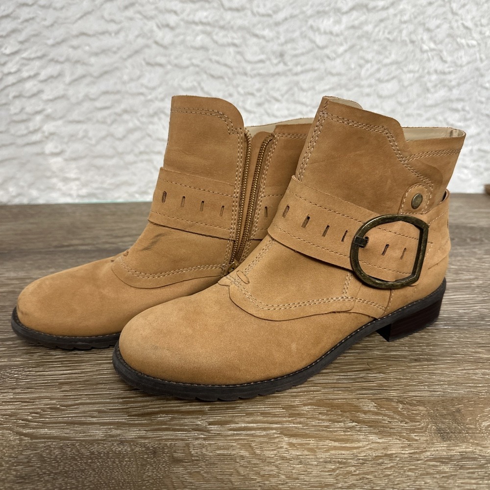 Walking Cradles Tan Leather Ankle Boots Buckle Moto Zip Comfort Booties 6M